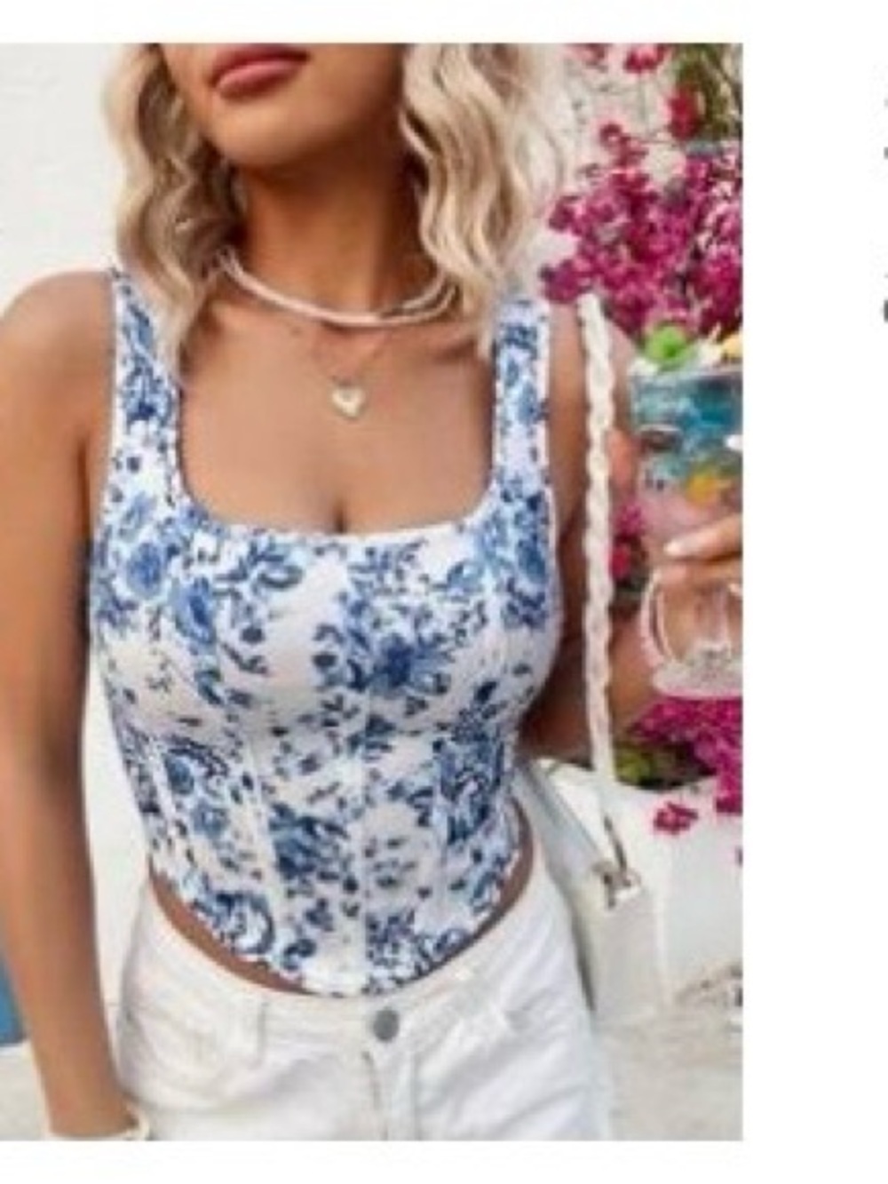 Floral Square-Neck Corset Tank Top in Blue and White